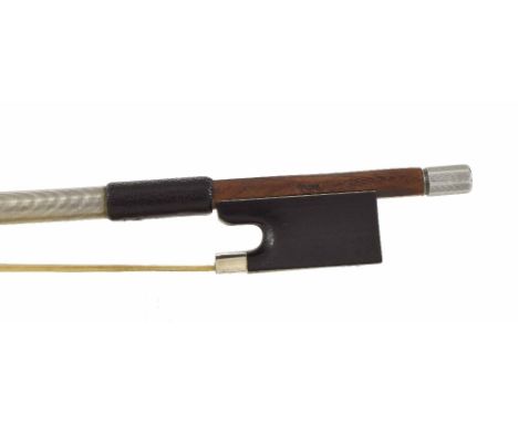 Good English silver and aluminium mounted violin bow by W.E. Hill & Sons, stamped Hill, the stick round, the ebony frog plain