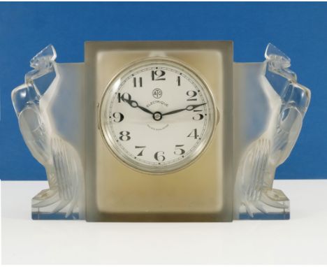 Rene Lalique, Deux Coqs glass clock, model 730, designed circa 1929, frosted and polished, etched mark R Lalique France, 19.6