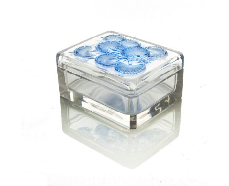 Rene Lalique, a Bluets glass box, model 99, designed circa 1936, polished and frosted with blue staining, etched mark R Laliq