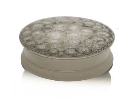 Rene Lalique, a Marguerites glass box, model 69, designed circa 1920, frosted, with black staining, relief moulded mark R Lal