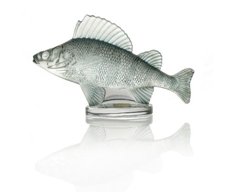 Lalique, a Perche glass car mascot, model 1158, designed circa 1929, polished and frosted with blue staining, incised mark La