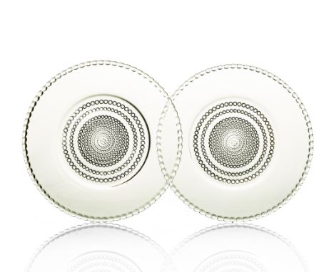 Rene Lalique, two Nippon glass lunch plates, model 3076, designed circa 1931, polished, etched marks R Lalique, 17cm diameter