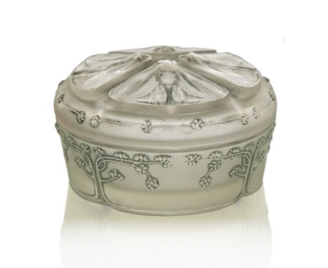 Rene Lalique, a Quatre Papillons glass box, model 14, designed circa 1911, frosted and polished, with blue staining, relief m