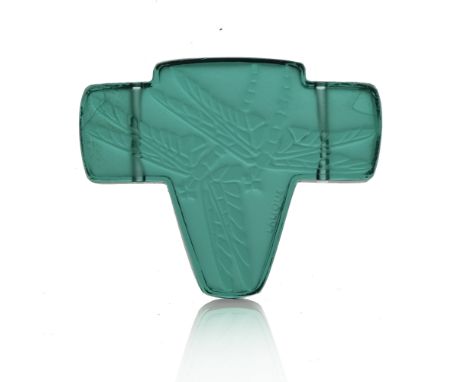 Rene Lalique, a Libellules green glass pendant, model 1653, designed circa 1920, polished and frosted, relief moulded mark La