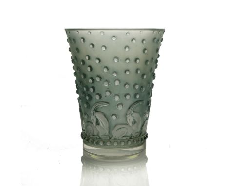 Rene Lalique, an Ajaccio glass vase, model 10-914, designed circa 1938, frosted and polished, with green staining, etched mar