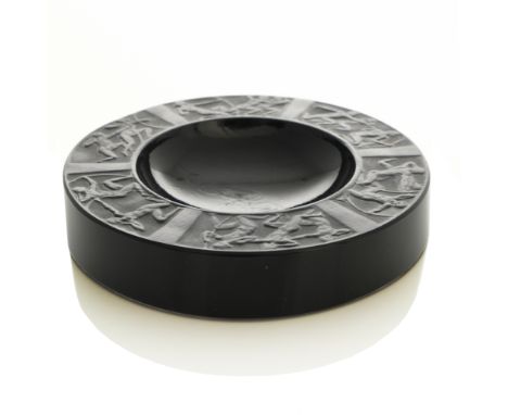 Rene Lalique, an Archers black glass ashtray, model 278, designed circa 1922, polished and frosted, incised mark R Lalique Fr