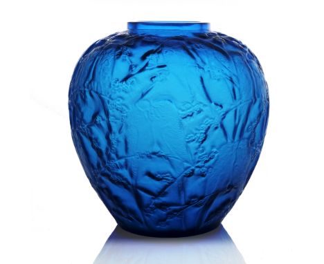 Rene Lalique, a Perruches electric blue glass vase, model 876, designed circa 1919, frosted, incised mark R Lalique France No