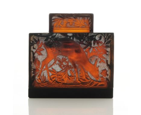 Rene Lalique, a Biches red amber glass inkwell, variation of model number 427, designed circa 1912, frosted and white stained