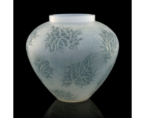 Rene Lalique, an Esterel opalescent glass vase, model 941, designed circa 1923, frosted, with blue staining, incised mark R L