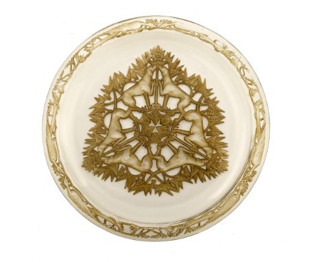 Rene Lalique, a Chasse Chiens glass plate, model 3001, designed circa 1914, polished and frosted with sepia staining, incised