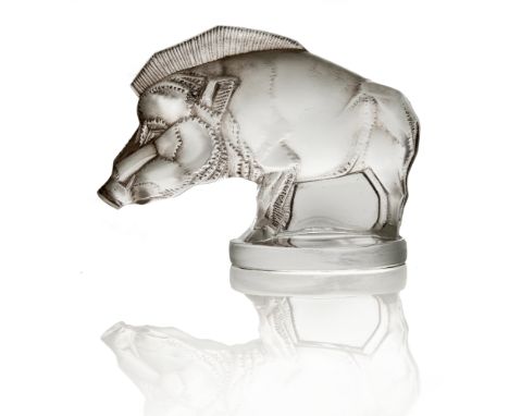 Rene Lalique, a Sanglier glass car mascot, model 1157, designed circa 1929, sepia stained and frosted colourless, moulded mar