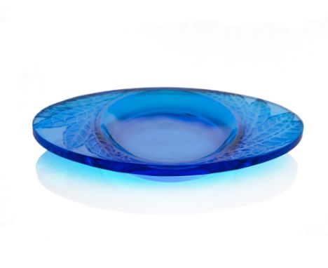 Rene Lalique, a Feuilles blue glass ashtray, model 279, designed circa 1924, polished and frosted, incised mark R Lalique, 17