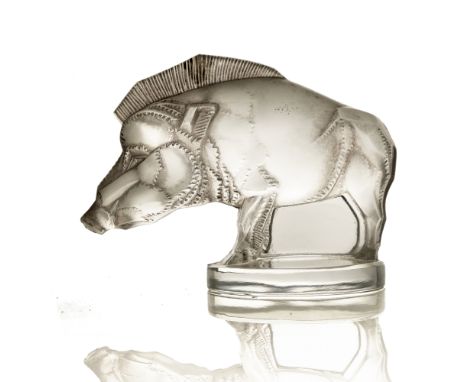 Rene Lalique, a Sanglier glass car mascot, model 1157, designed circa 1929, black stained and frosted colourless, moulded mar