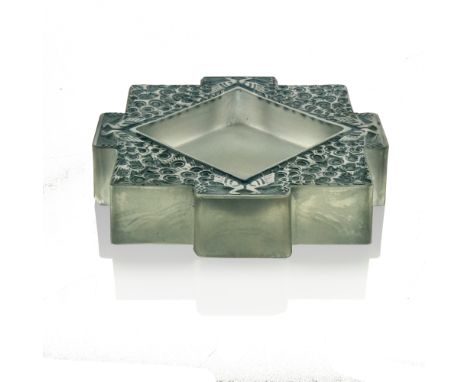 Rene Lalique, a Varese glass ashtray, model 307, designed circa 1929, polished and frosted with blue staining, incised marks 
