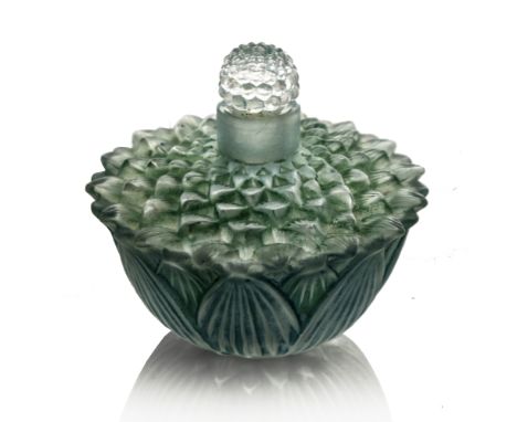 Rene Lalique, a Helene glass perfume bottle, model 522, designed circa 1928, frosted and polished, with green staining, relie