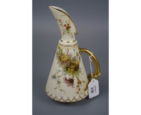 A Royal Worcester ewer of fluted conical form, design number 1361, with elongated spout and curved handle, the body florally 