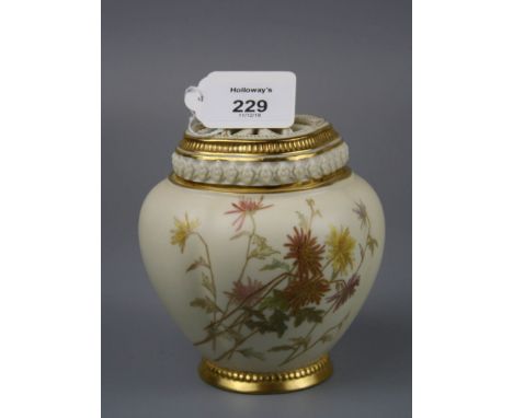 A Royal Worcester pot pourri and cover, design number 1314, 1888 date code, florally decorated on an ivory and gilt ground, 1