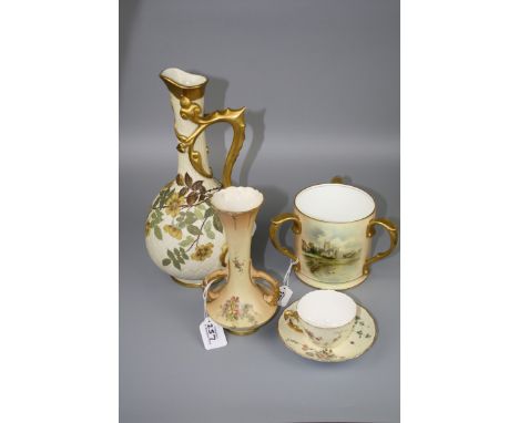 A Royal Worcester tea cup and saucer, No 4158, together with a waisted neck twin handled vase, design 2332, a tyg decorated w