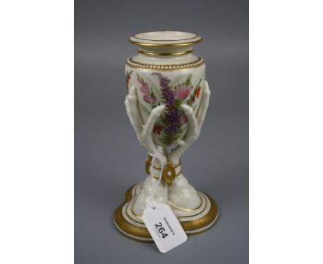 A Royal Worcester amphora and eagle talon form vase, decorated with summer flowers on an ivory and gilt ground with trefoil b