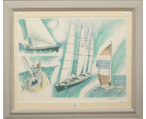 After Albany Wiseman (b.1930) Montage of racing yachts and a catamaran lithograph, pencil signed and numbered 147/150