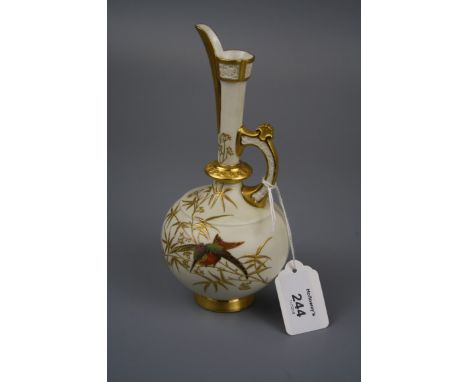 A Royal Worcester Persian type ewer, design number 7831, with elongated spout and neck, loop handle and hummingbird decorated
