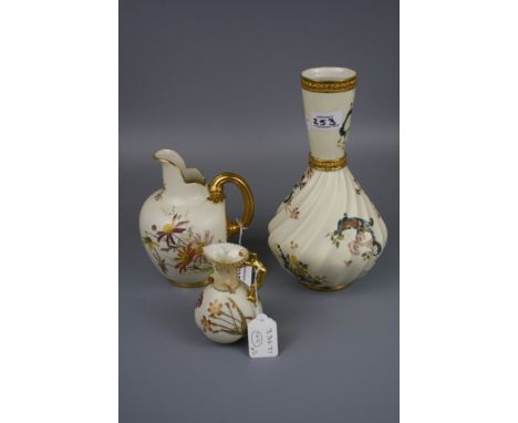 A Royal Worcester jug, with lobed body and twig handle, Design No 1507, together with a tall Royal Worcester vase, with conic