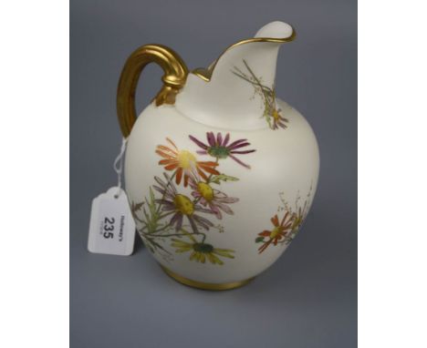 A Royal Worcester flat back jug, design 1094, with reeded  loop handle and florally decorated  baluster body , on an ivory an