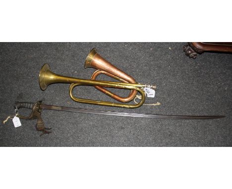 A Victorian officers dress sword, with pipe back blade and pierced VR cypher to the folding hilt, 82cm length of blade, toget