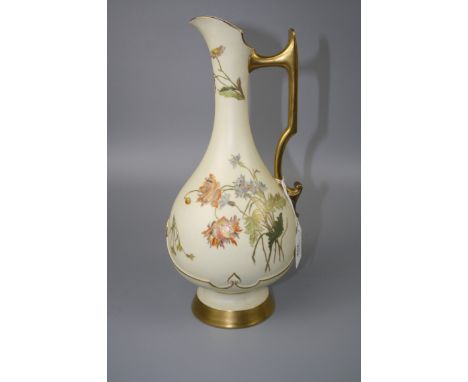 A Royal Worcester tall ewer, design number 1040, with angular scrolled handle, the baluster body florally decorated on an ivo