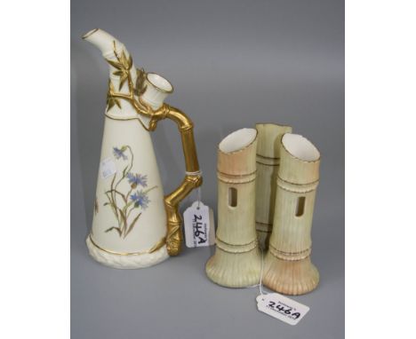 A late 19th century Locke and Co three sectional faux bamboo vase, together with a  Royal Worcester ivory ground ewer of coni