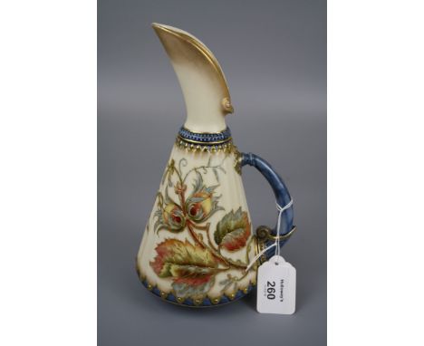 A Royal Worcester arabesque form ewer, Design No 1361, florally decorated with autumnal leaves on a gilt, blush ivory and sha