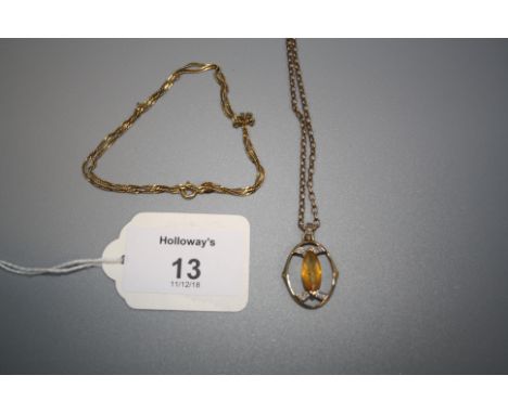 A citrine and diamond open work pendant and associated 9ct gold chain, together with twisted curb link chain marked '750'