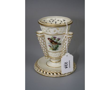 A late 19th century Royal Worcester epergne vase, the pierced collar over a finch and butterfly decorated body with three sid