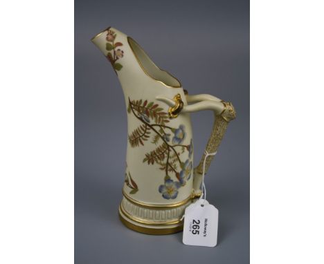 A Royal Worcester tusk ice jug, Design No 1116, florally decorated on a blush ivory and gilt ground, 19cm, 1885