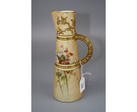 A Royal Worcester claret jug, Design 1047, florally decorated, attributed to Mary Blake, on a blush and gilt ground, 25cm, 18