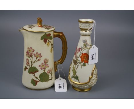 A Royal Worcester jug and cover with floral decoration and faux bamboo handle on an ivory and gilt ground, 1890, 18cm, togeth