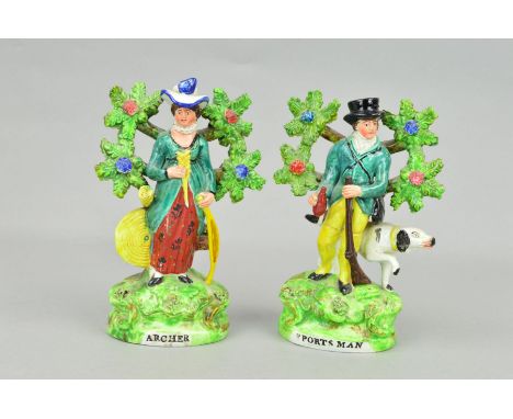 A PAIR OF EARLY 19TH CENTURY STAFFORDSHIRE PEARLWARE TITLED FIGURES OF A 'SPORTS MAN' AND LADY 'ARCHER', the man holding powd