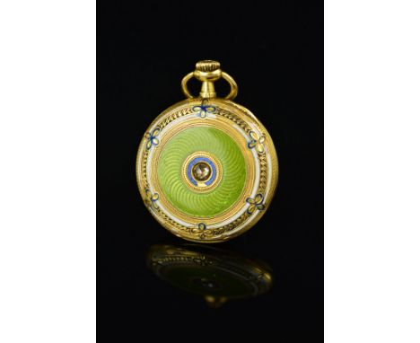 A FRENCH EARLY 20TH CENTURY 18CT GOLD, ENAMEL AND DIAMOND POCKET WATCH CASE, of circular outline, to the reverse a central ro