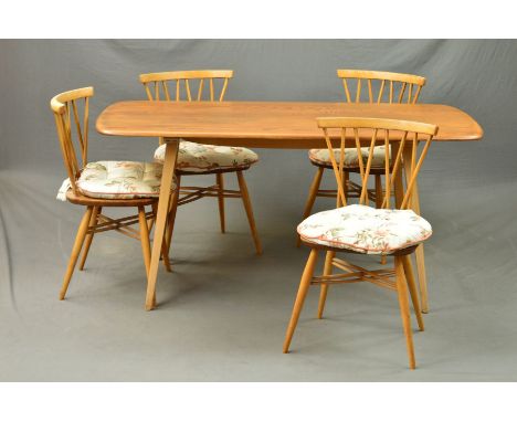 AN ERCOL ELM 1960'S DINING TABLE, on four beech legs, width 151.5cm x depth 76cm x height 71cm and four candlestick Chiltern 