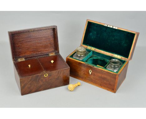 A GEORGE III RECTANGULAR MAHOGANY AND ROSEWOOD BANDED TEA CADDY, hinged carry handle to the hinged cover, ivory tear drop esc