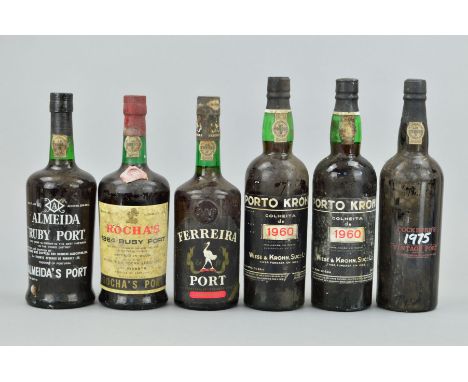 SIX BOTTLES OF ASSORTED PORT, comprising two bottle of Porto Krohn 1960, a bottle of Rocha's 1964, a bottle of Cockburn's 197