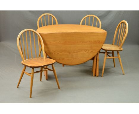 A NEAR SET OF FOUR ERCOL ELM AND BEECH 1960'S STICK CHAIRS, together with a modern Ercol drop-leaf table (5) (condition: chai