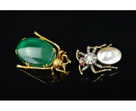 TWO GOLD INSECT BROOCHES, to include a Victorian gem-set bug brooch, rose and Old European cut diamonds set to the thorax and