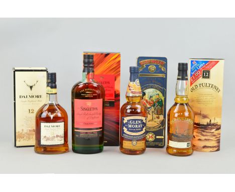 FOUR BOTTLES OF SINGLE MALT, to include a bottle of Old Pulteney Single Malt Scotch Whisky, aged 12 years, 40% vol, 70cl, fil