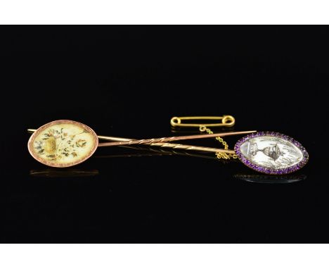 TWO 9CT EARLY VICTORIAN STICKPINS, both terminals of oval outline, the first with central panel depicting an urn underneath a