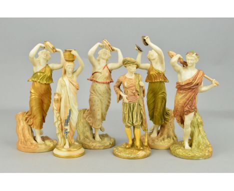 SIX ROYAL WORCESTER FIGURES, comprising No.1243 Bringaree Indian, height 22.5cm, impressed and printed marks, restored to low