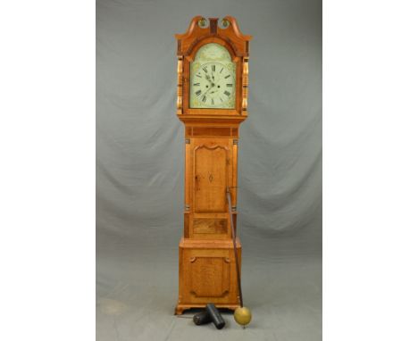 AN EARLY 19TH CENTURY PALE OAK, WALNUT, ROSEWOOD AND SATINWOOD STRUNG WHITEHURST OF DERBY EIGHT DAY LONGCASE CLOCK, the broke