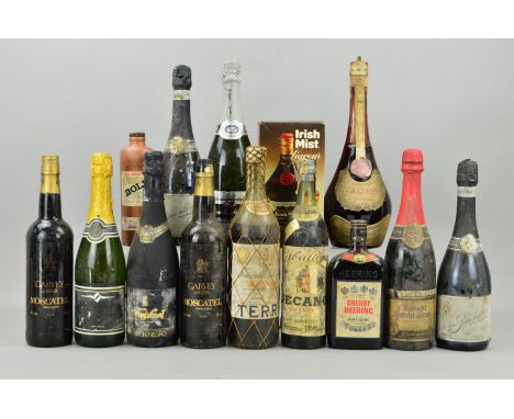 FOURTEEN BOTTLES OF SPARKLING WINE, mixed Liqueurs and Sherry including Schloss Rheinberg, Irish Mist and Garvey Jerez, varyi