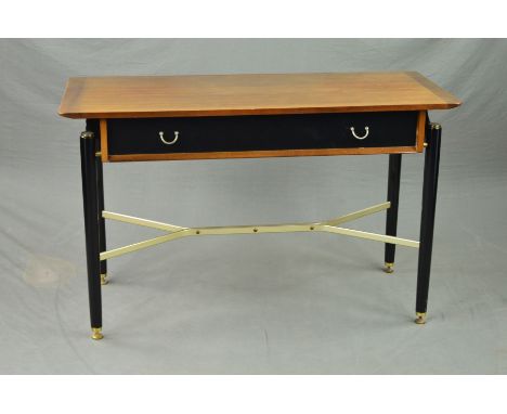 AN E GOMME / G-PLAN 1950'S/60'S TOLA AND BLACK CONSOLE TABLE, with a single long drawer on cylindrical tapering legs united b