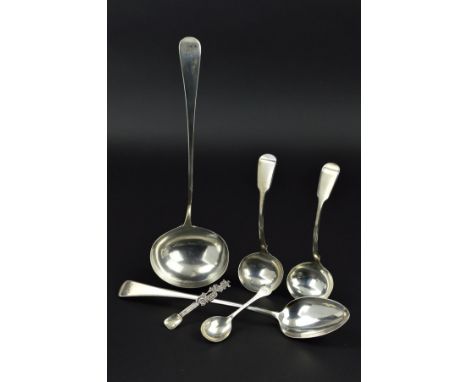 A GEORGE III SILVER OLD ENGLISH PATTERN SOUP LADLE AND MATCHING BASTING SPOON, engraved initials, makers William Eley & Willi